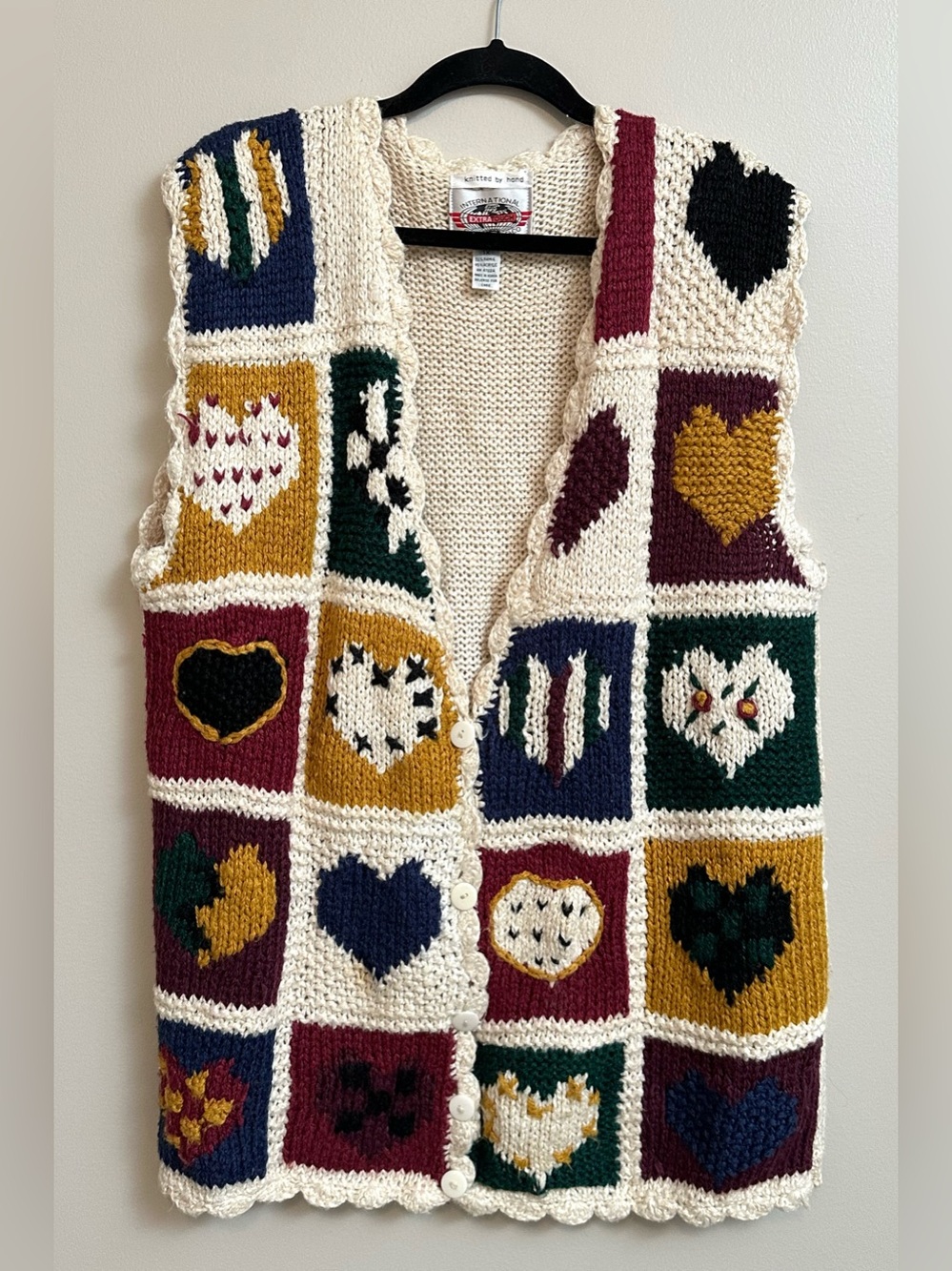 90s Vintage Handmade Patchwork Heart Knit Vest Grandmacore Cottagecore